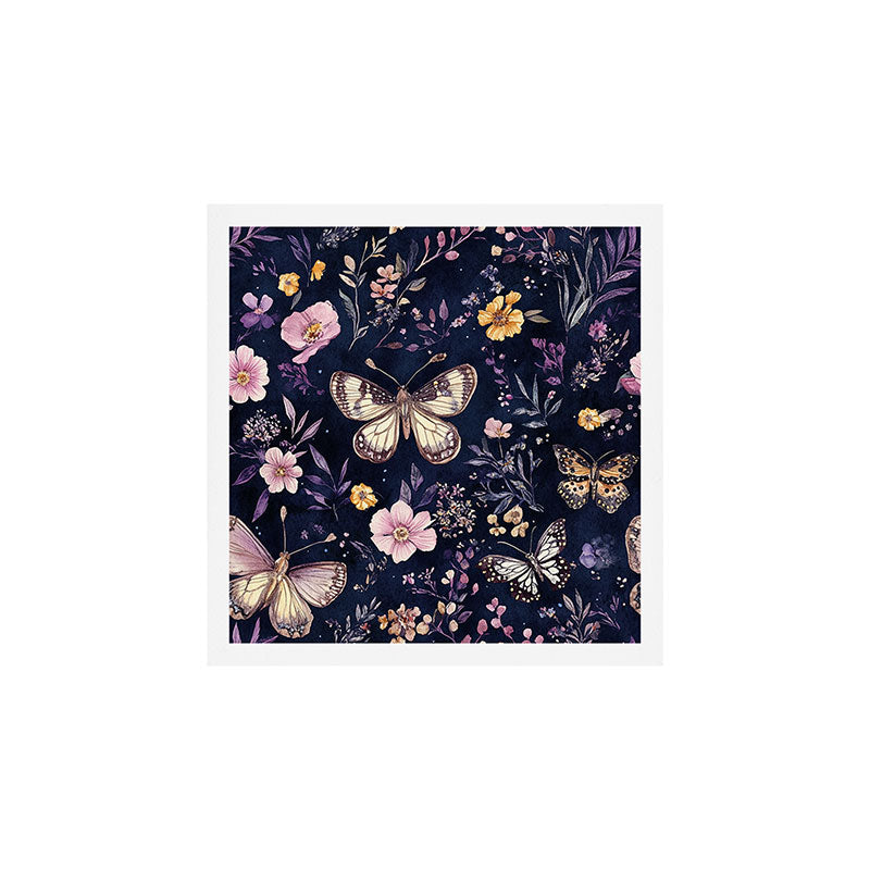 Night Garden Flowers Watercolor Moths Dark Purple Art Print Gallery Image 1