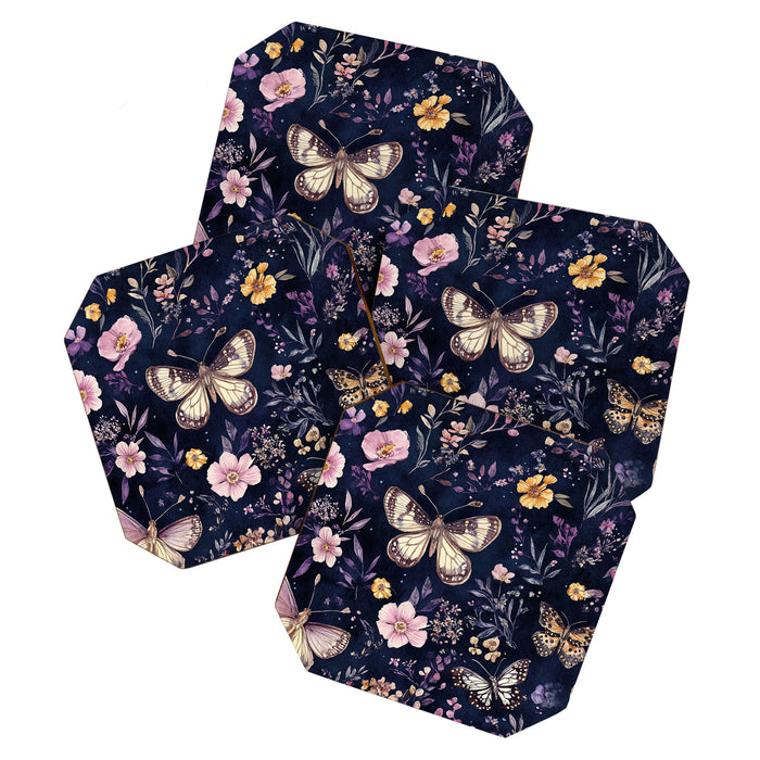 Night Garden Flowers Watercolor Moths Dark Purple Coaster Gallery Image 1