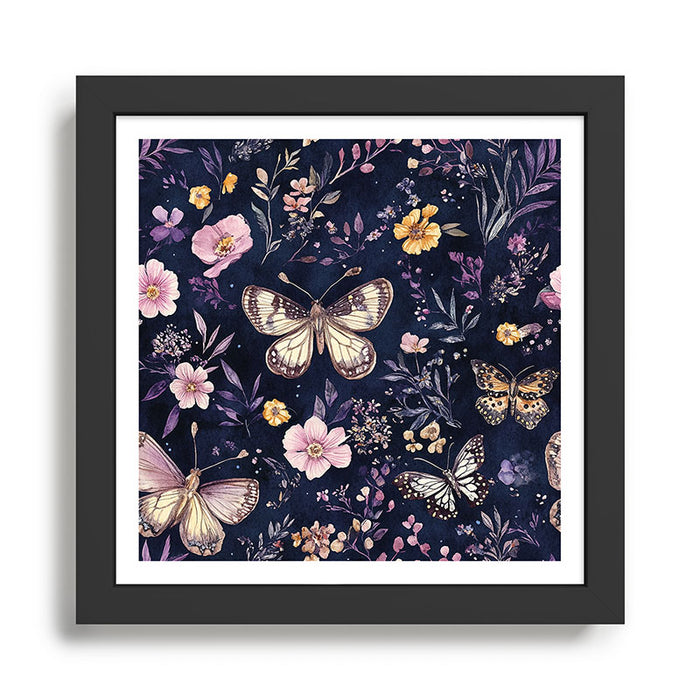 Night Garden Flowers Watercolor Moths Dark Purple Framed Art Print Gallery Image 1