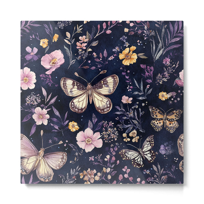 Night Garden Flowers Watercolor Moths Dark Purple Metal Print Gallery Image 1