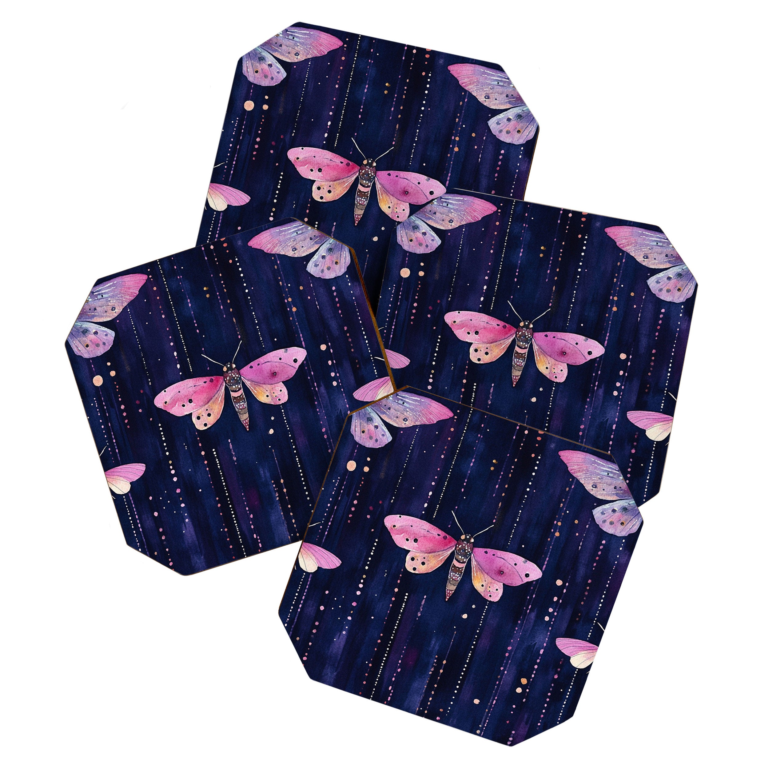 Night Garden Pink Watercolor Moths on Dark Purple All Over Coaster Gallery Image 1