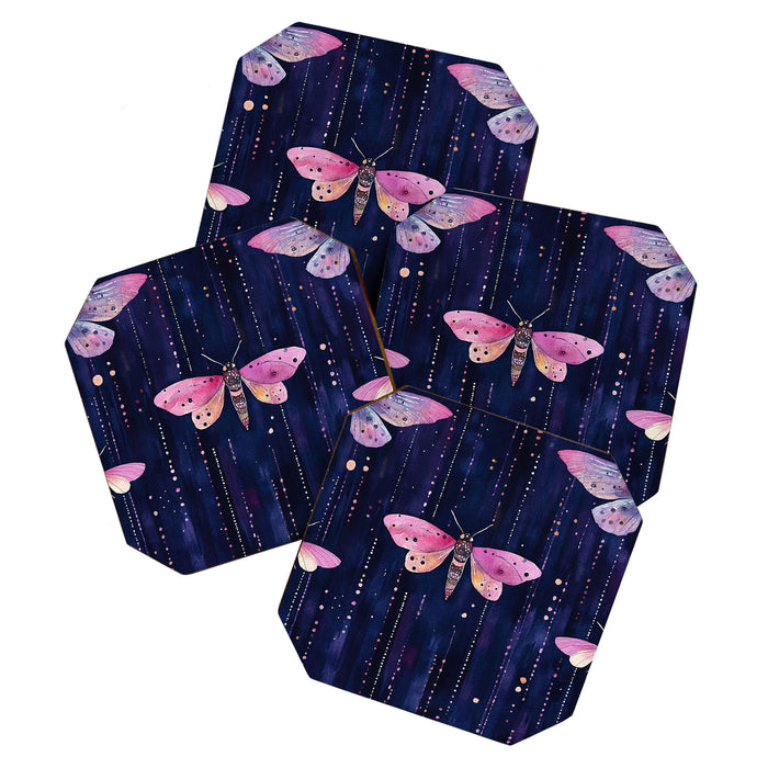 Night Garden Pink Watercolor Moths on Dark Purple All Over Coaster Gallery Image 1