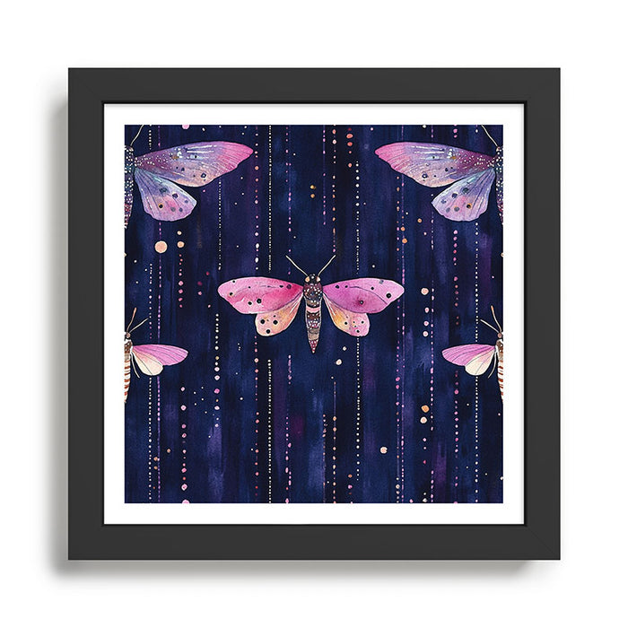 Night Garden Pink Watercolor Moths on Dark Purple All Over Framed Art Print Gallery Image 1