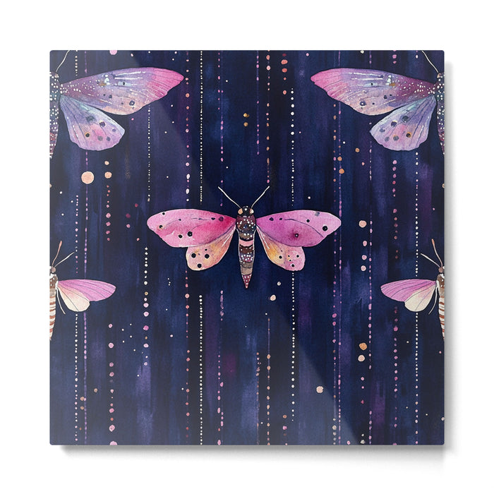Night Garden Pink Watercolor Moths on Dark Purple All Over Metal Print Gallery Image 1