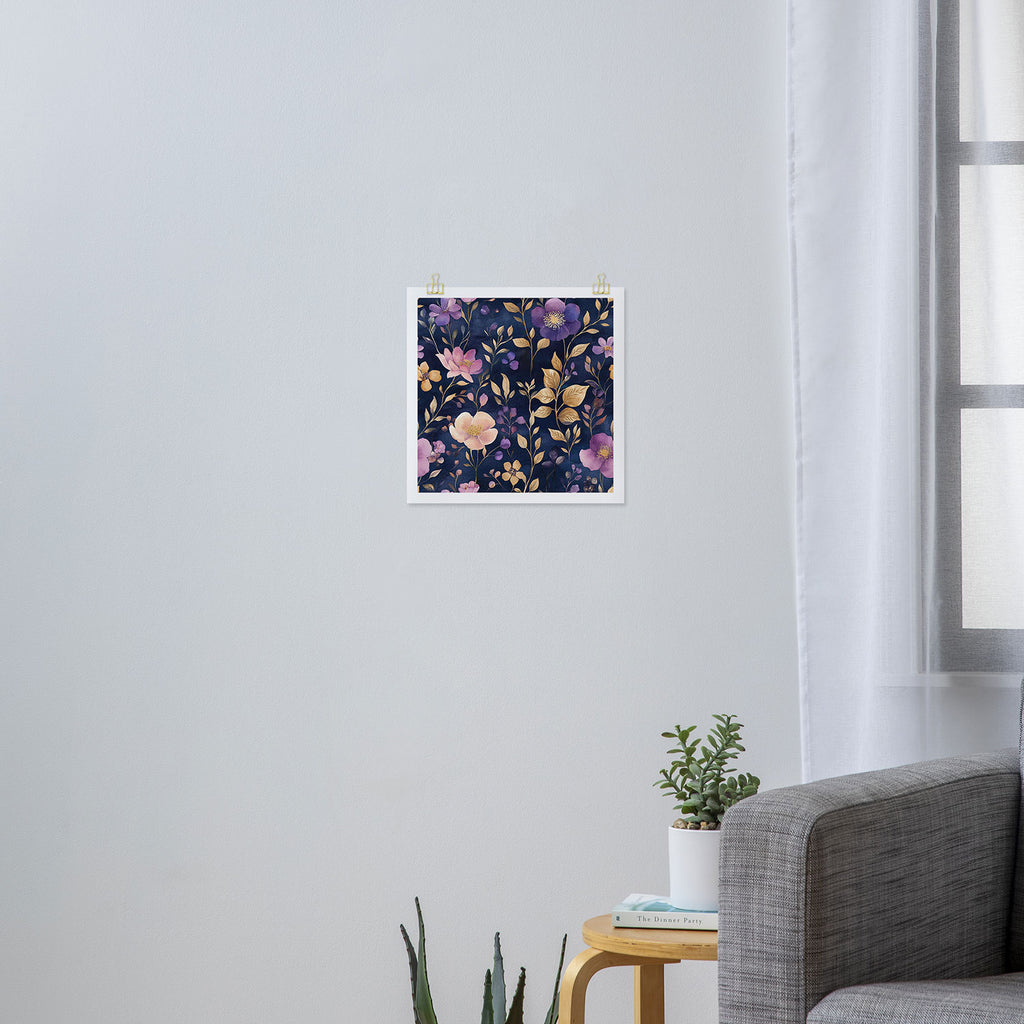 Night Garden Purple Pink Gold Watercolor Flowers and Leaves All Over Art Print Gallery Image 3