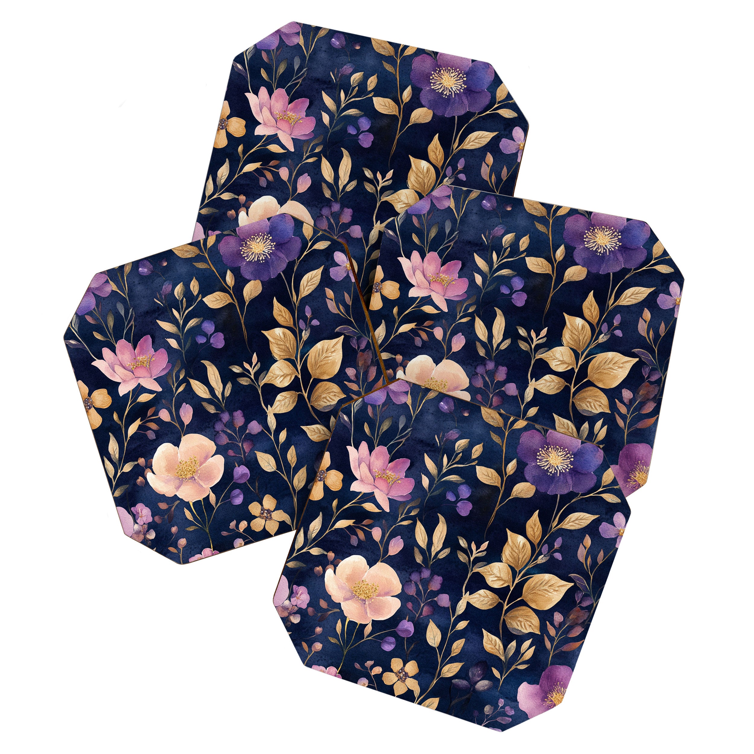 Night Garden Purple Pink Gold Watercolor Flowers and Leaves All Over Coaster Gallery Image 1