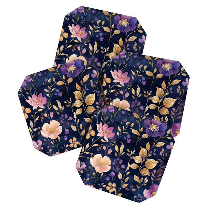 Night Garden Purple Pink Gold Watercolor Flowers and Leaves All Over Coaster Gallery Image 1