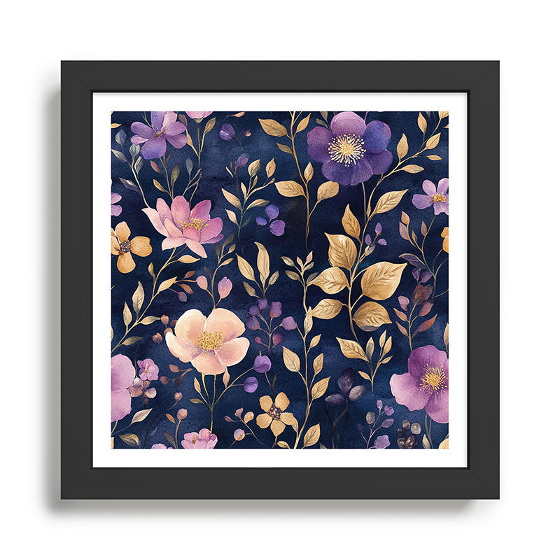 Night Garden Purple Pink Gold Watercolor Flowers and Leaves All Over Framed Art Print Gallery Image 1