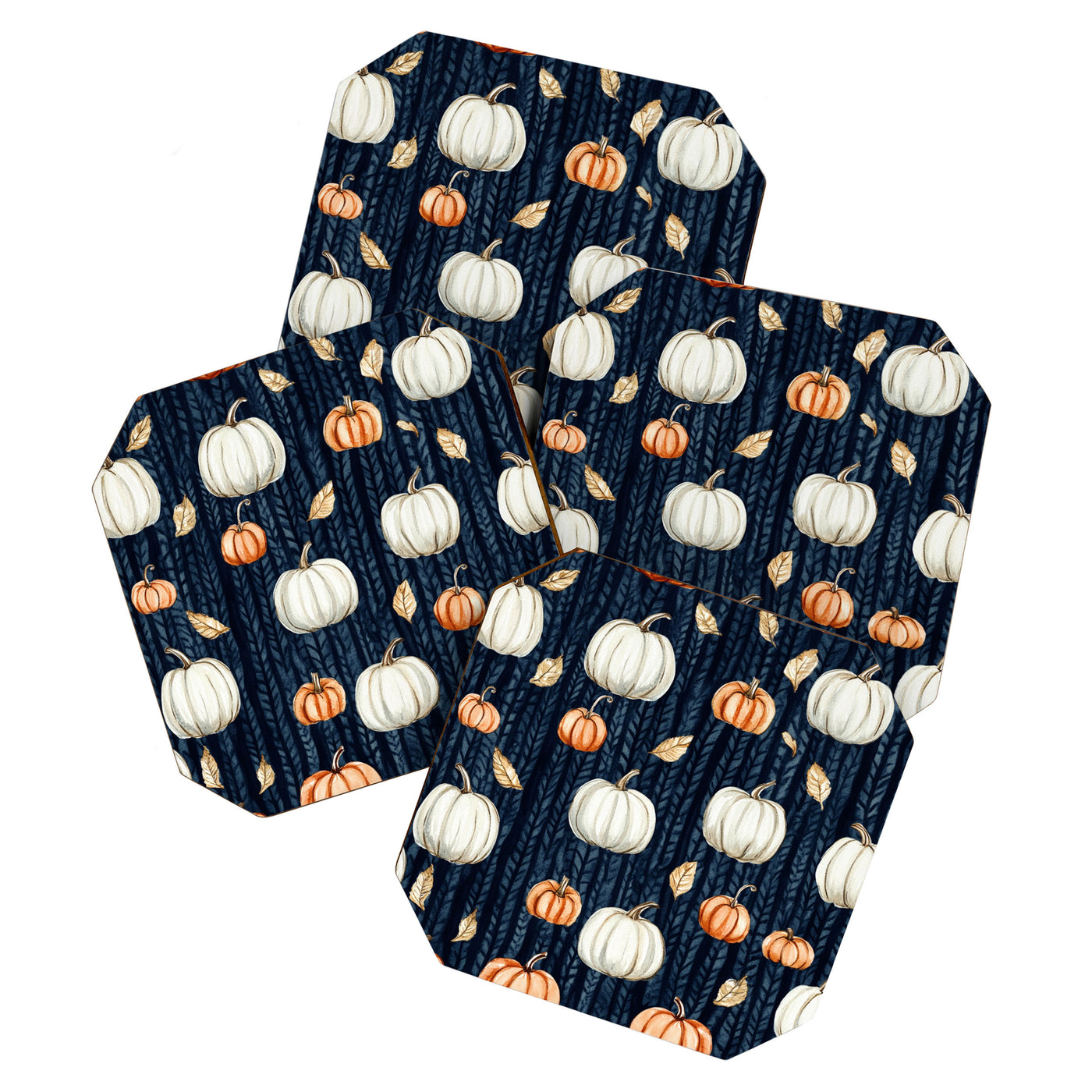 Orange and Cream Fall Pumpkins on Dark Blue Background Watercolor Coaster