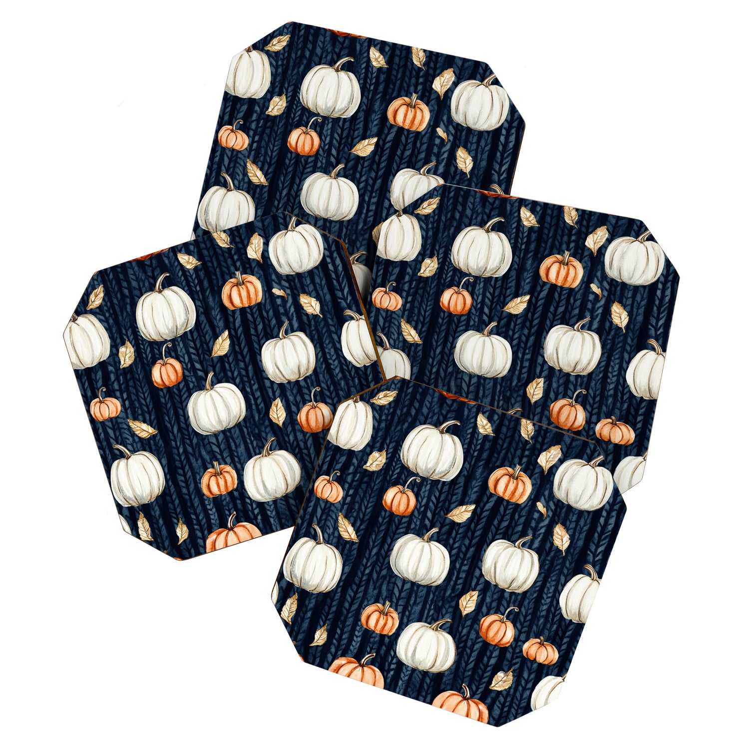 Orange and Cream Fall Pumpkins on Dark Blue Background Watercolor Coaster Gallery Image 1