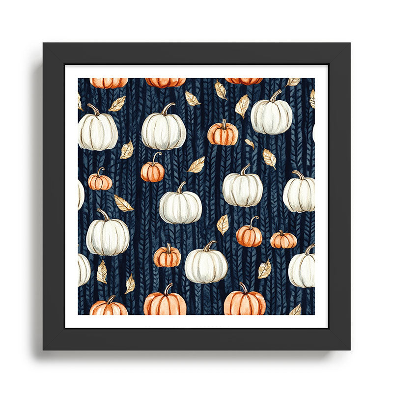 Orange and Cream Fall Pumpkins on Dark Blue Background Watercolor Framed Art Print Gallery Image 1