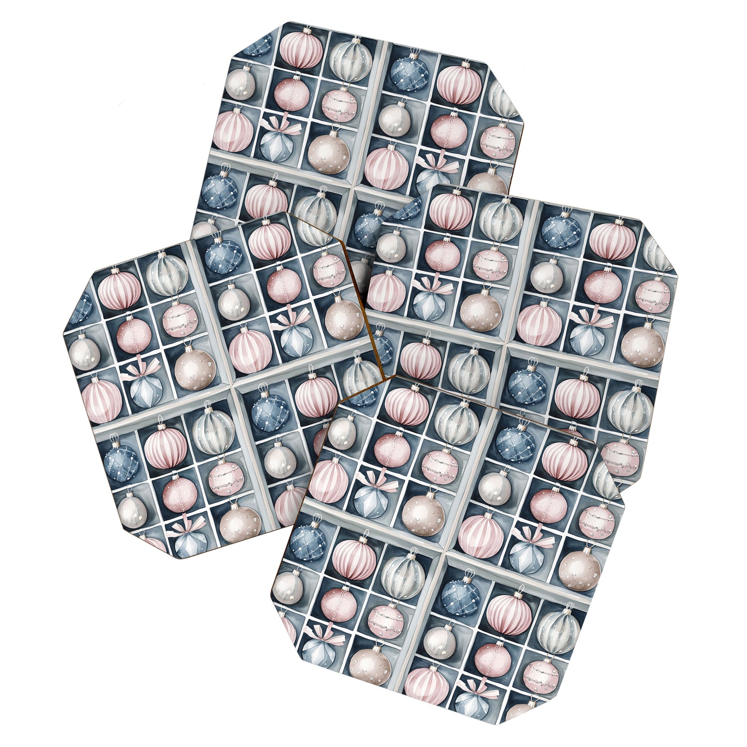 Pink Blue Watercolor Christmas Ornaments Coaster Gallery Image 1