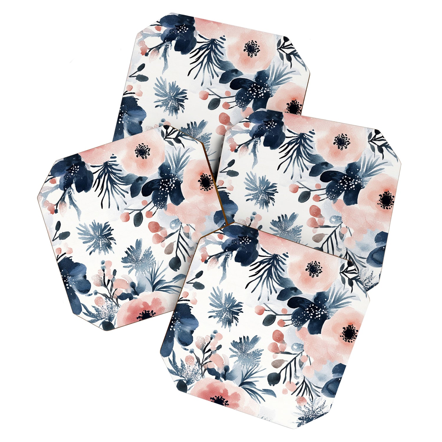 Pink Blue Watercolor Poppies Flowers Illustration Coaster Gallery Image 1