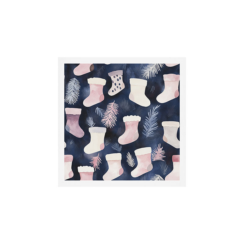Pink Blue Winter Christmas Holiday Stockings Watercolor Illustration Art Print Gallery Image 1