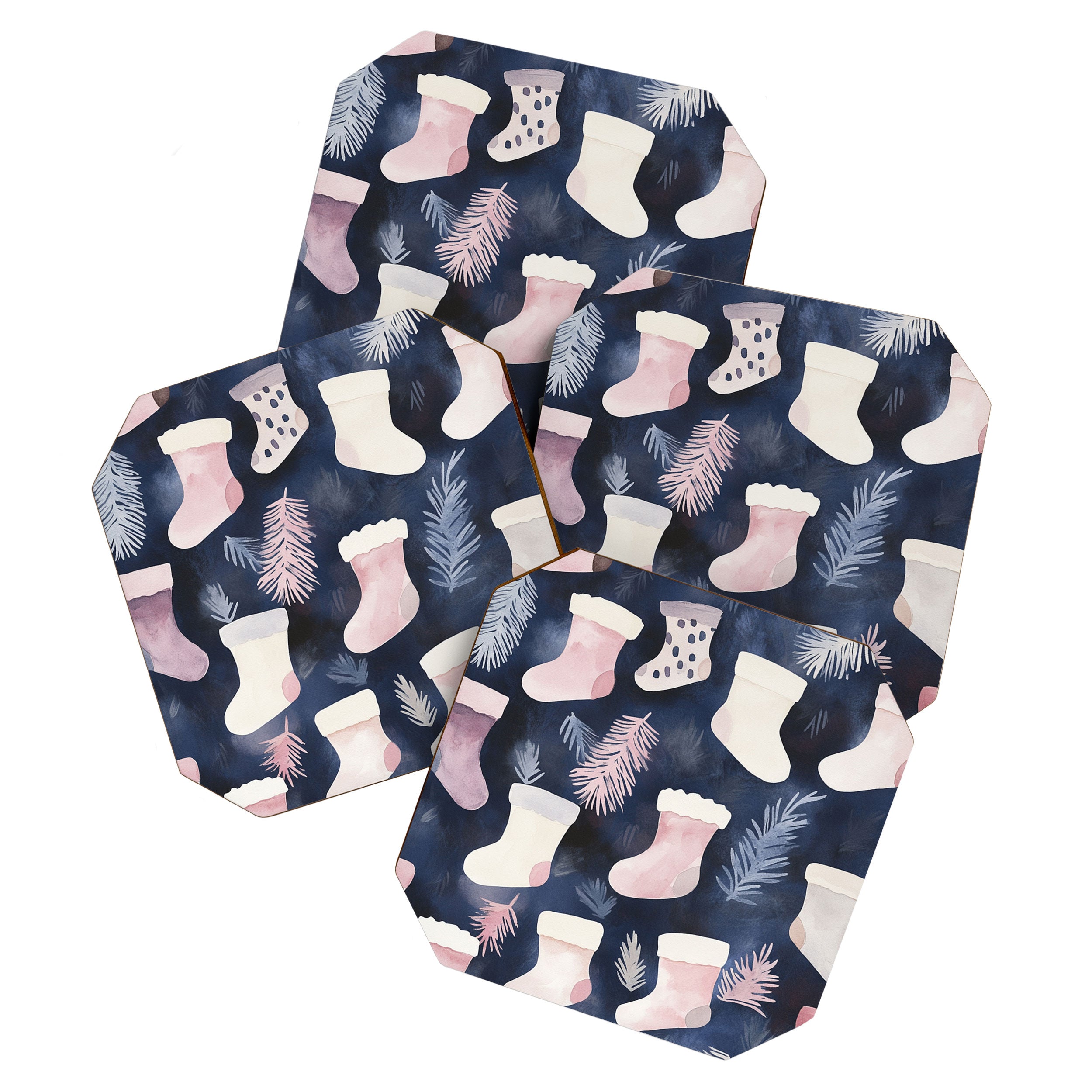 Pink Blue Winter Christmas Holiday Stockings Watercolor Illustration Coaster Gallery Image 1