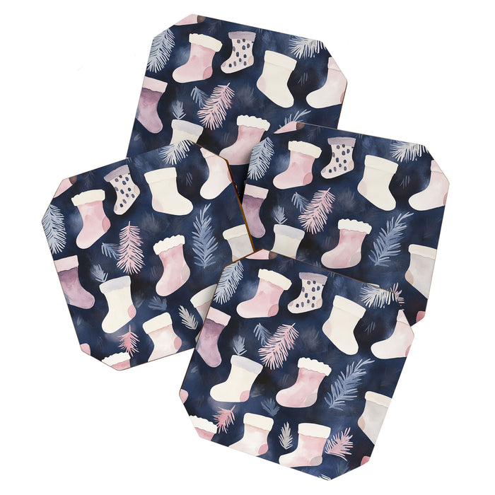 Pink Blue Winter Christmas Holiday Stockings Watercolor Illustration Coaster Gallery Image 1