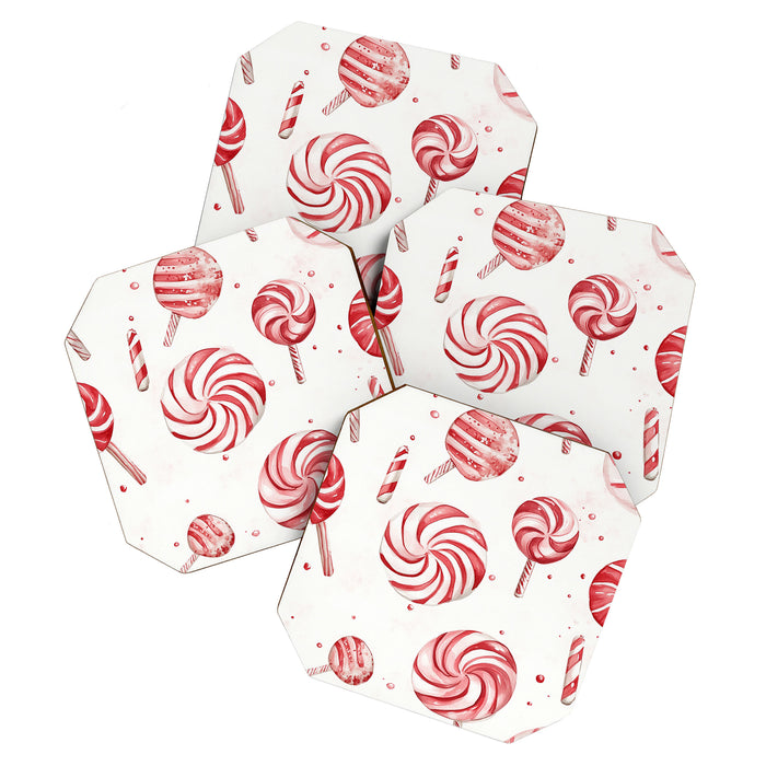 Red White Watercolor Candy Cane Peppermint Lollipops All Over Coaster Gallery Image 1