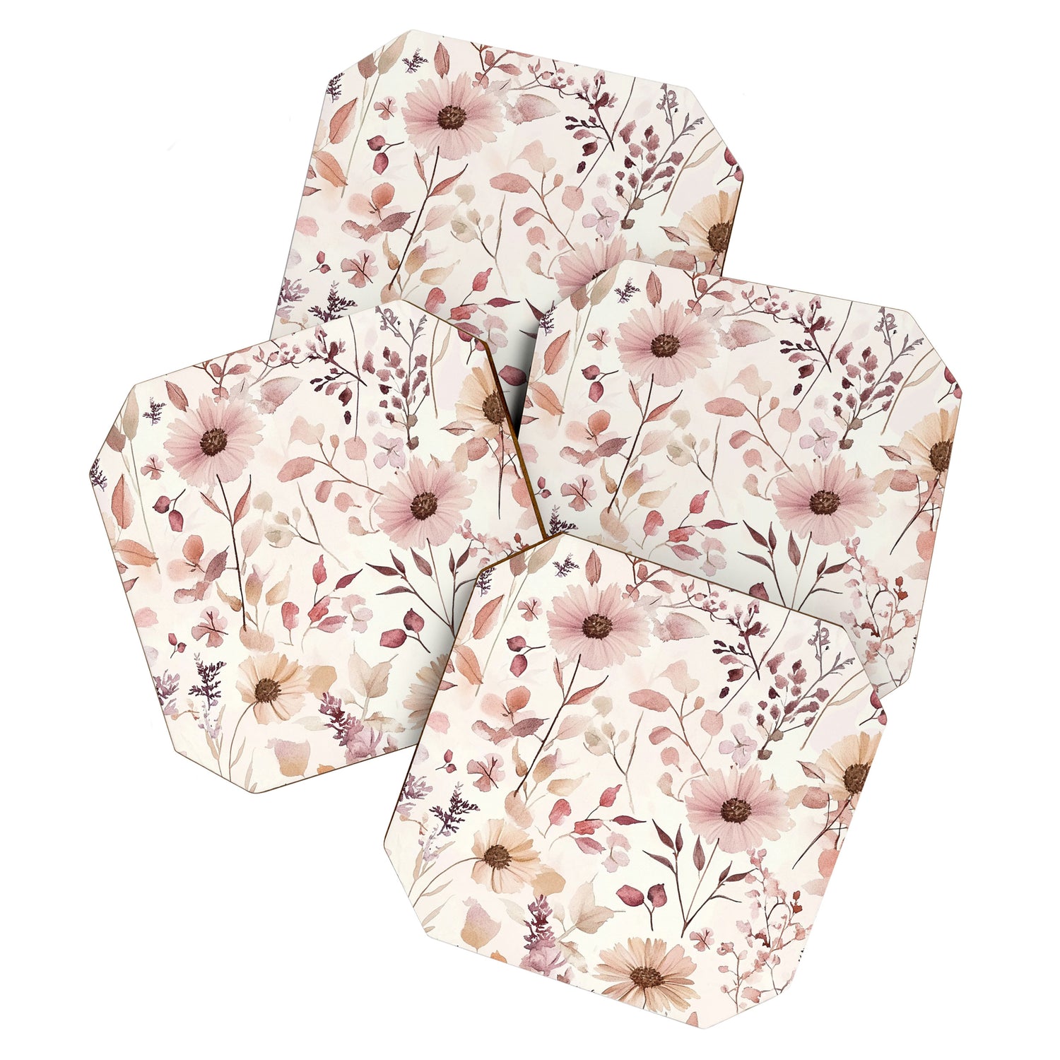 Watercolor Field Flowers and Leaves Pink Blush Cream All Over Coaster Gallery Image 1
