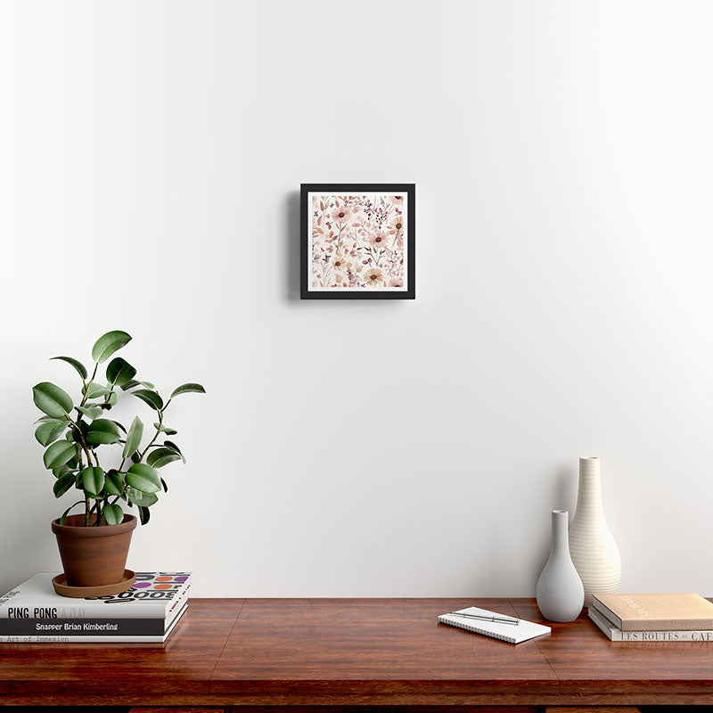 Watercolor Field Flowers and Leaves Pink Blush Cream All Over Framed Art Print Gallery Image 2