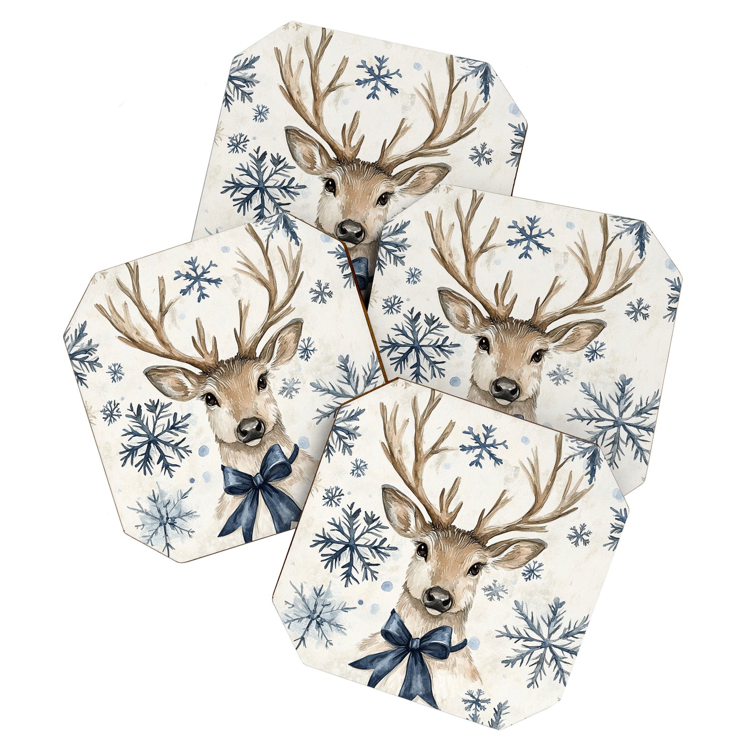 Winter Blue Deer Christmas Watercolor Illustration Coaster Gallery Image 1