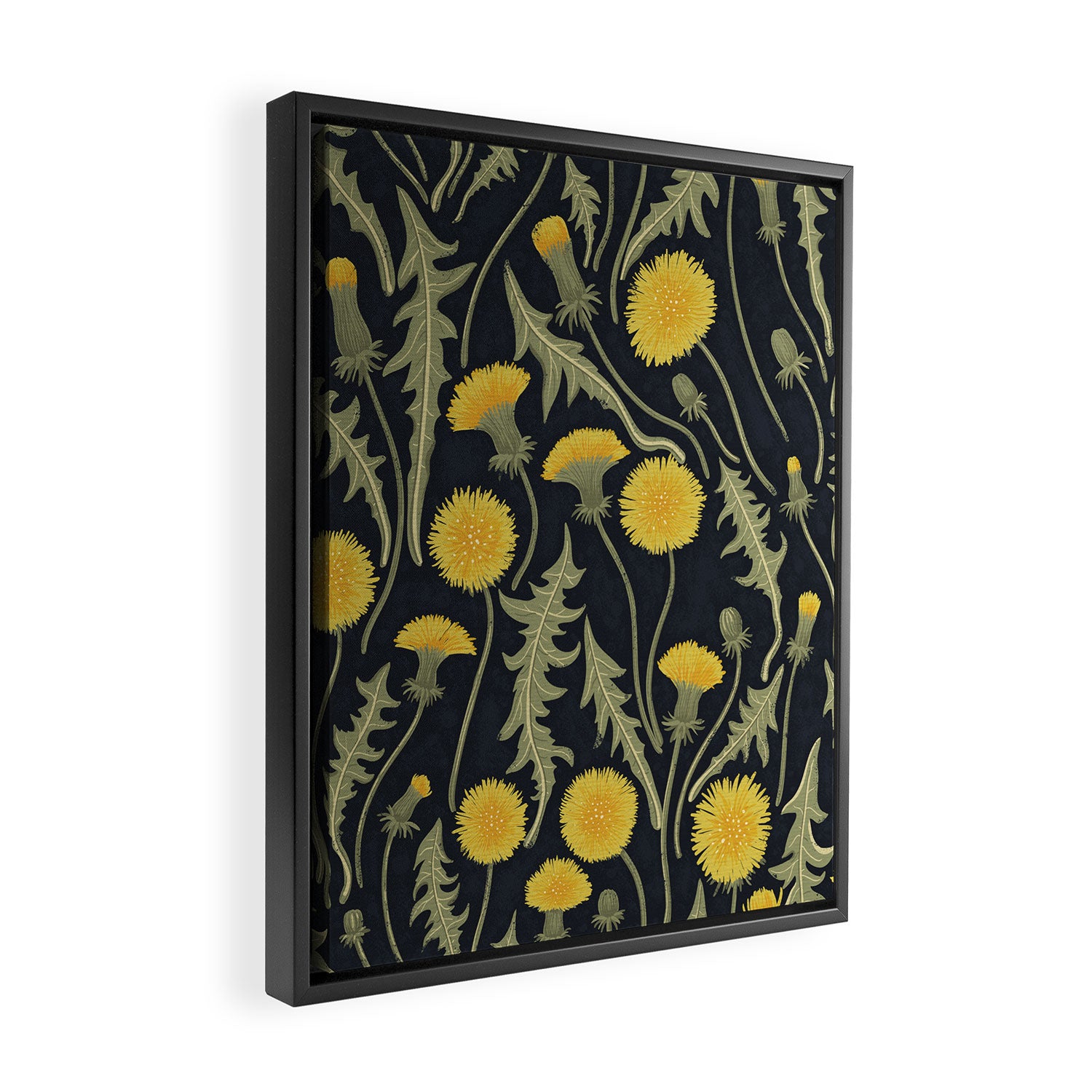 Dandelions, green, yellow and black Framed Canvas Print Gallery Image 2