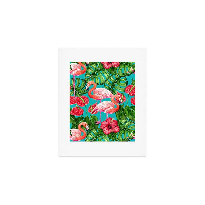 Flamingo birds and tropical garden          watercolor Art Print Gallery Image 1