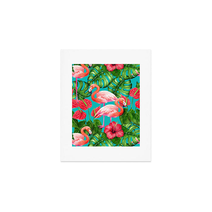 Flamingo birds and tropical garden          watercolor Art Print Gallery Image 1