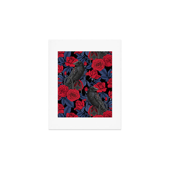 Ravens and red roses with blue leaves Art Print Gallery Image 1
