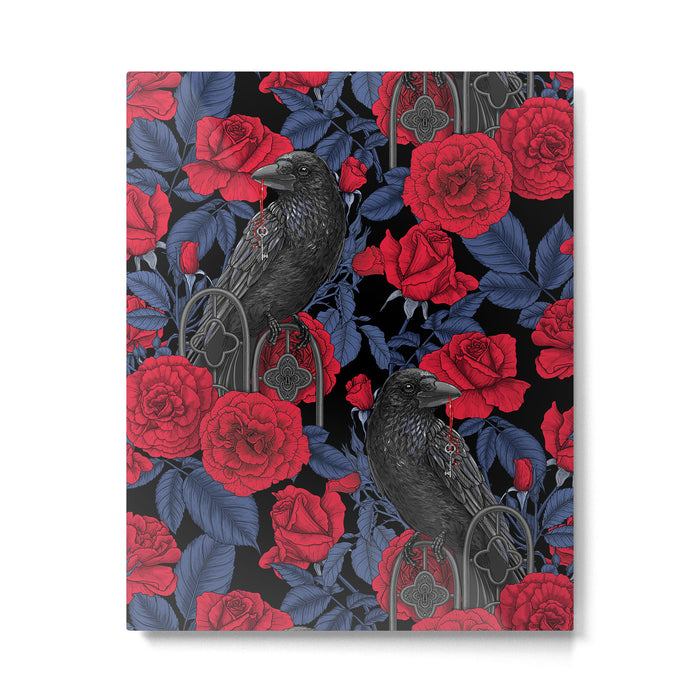 Ravens and red roses with blue leaves Metal Print Gallery Image 1