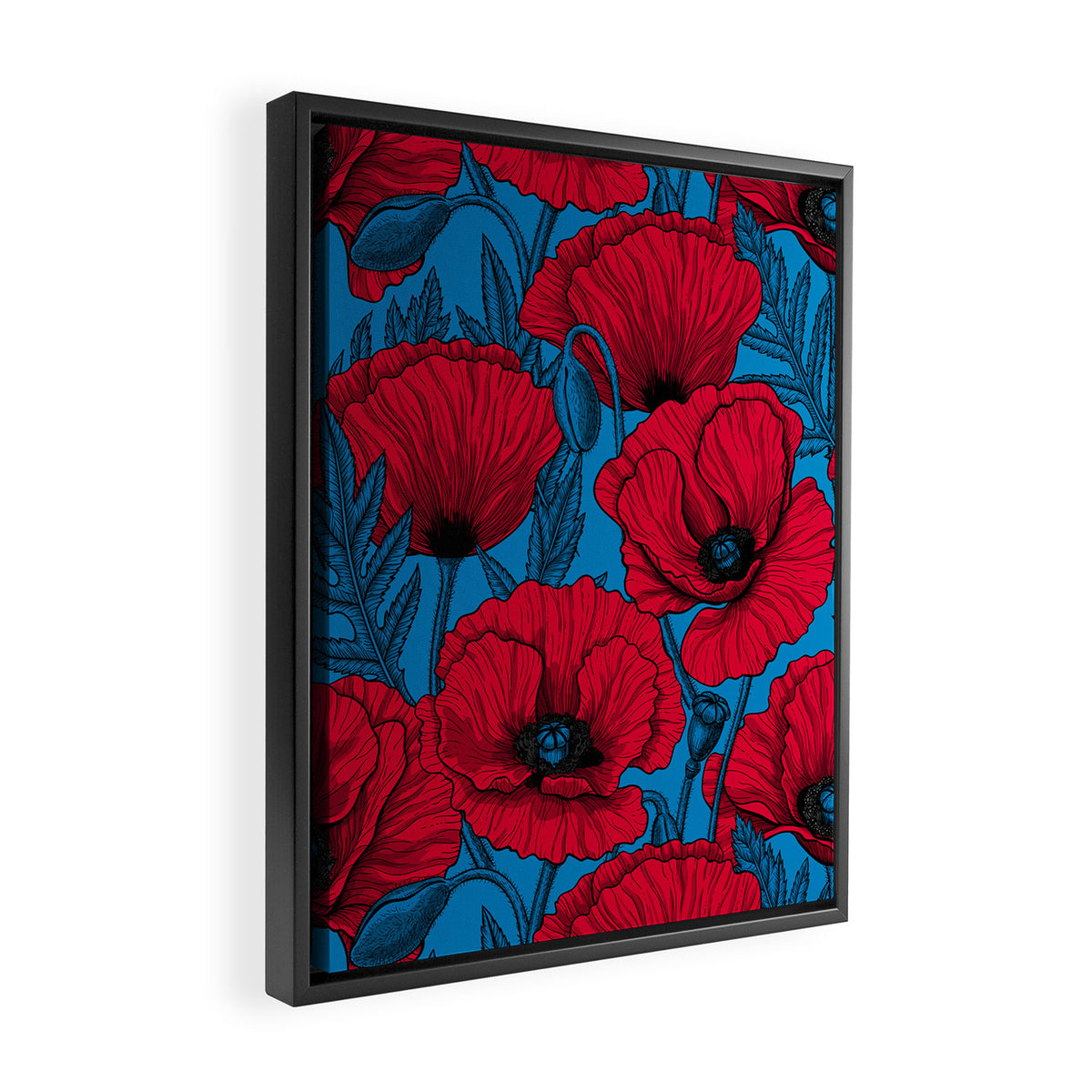 Red poppy garden on blue Framed Canvas Print Gallery Image 2