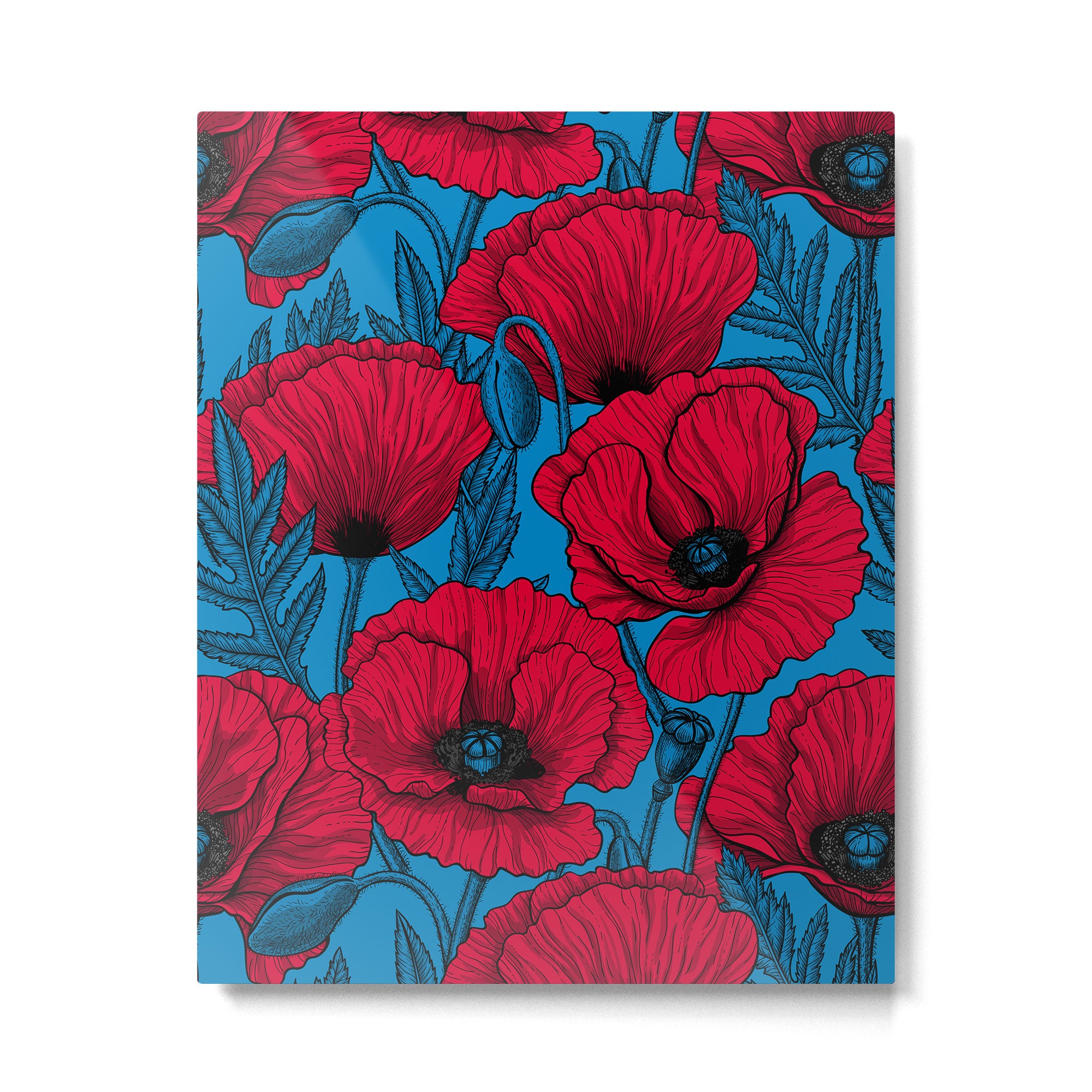 Red poppy garden on blue Metal Print Gallery Image 4