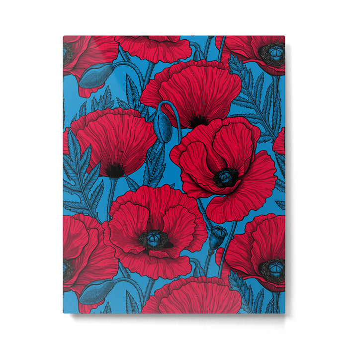 Red poppy garden on blue Metal Print Gallery Image 1