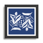 White on dark blue minimalistic modern floral art Framed Art Print Gallery Image 1