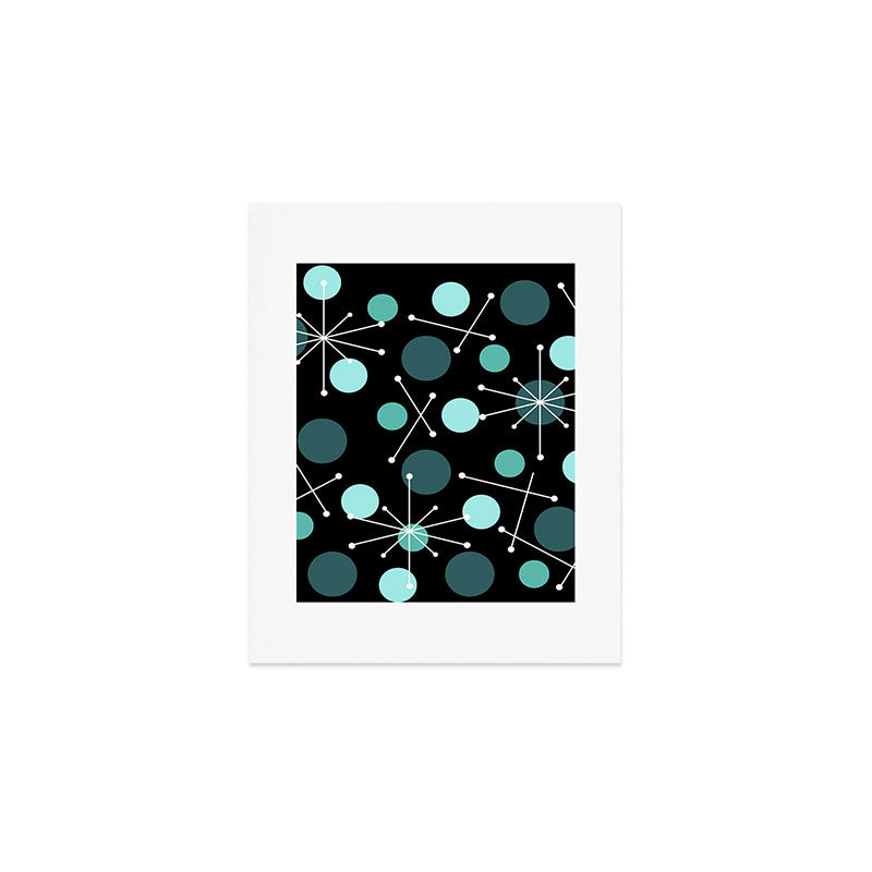 Atomic Age Dots And Starbursts Black Turquoise Art Print Gallery Image 1