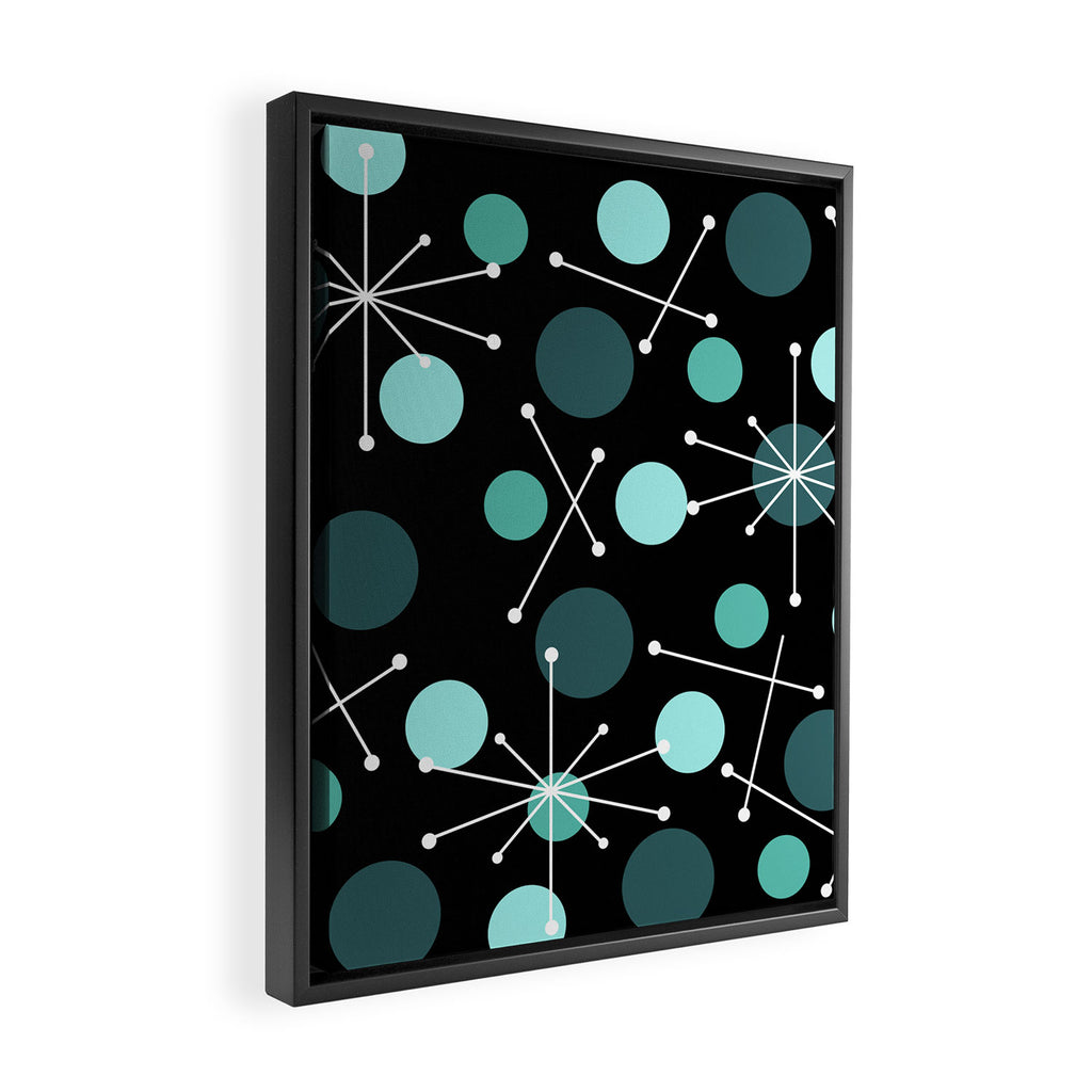 Atomic Age Dots And Starbursts Black Turquoise Framed Canvas Print Gallery Image 2