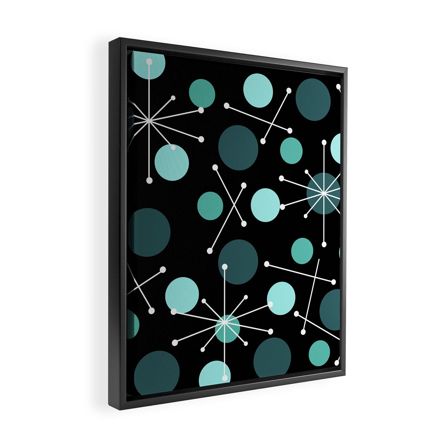 Atomic Age Dots And Starbursts Black Turquoise Framed Canvas Print Gallery Image 2