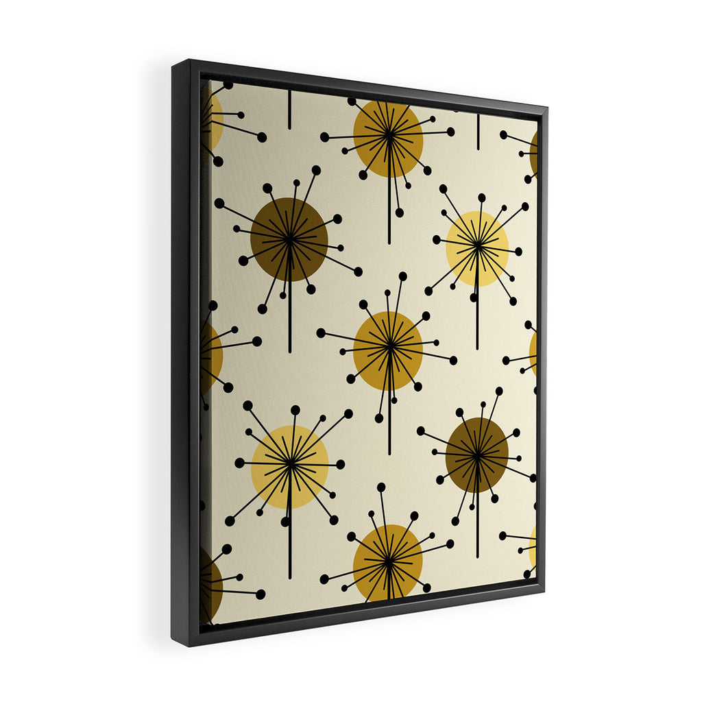 Atomic Era Sputnik Starburst Flowers Light Yellow Framed Canvas Print Gallery Image 2