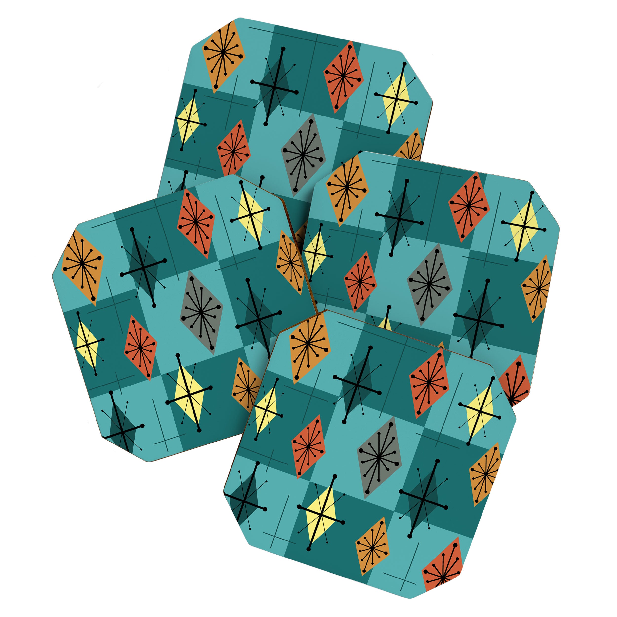 Mid Century Modern Starburst Diamonds Turquise & Teal Coaster Gallery Image 1