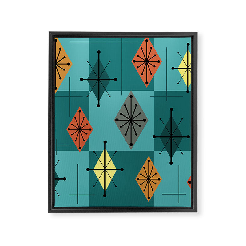 Mid Century Modern Starburst Diamonds Turquise & Teal Framed Canvas Print Gallery Image 8