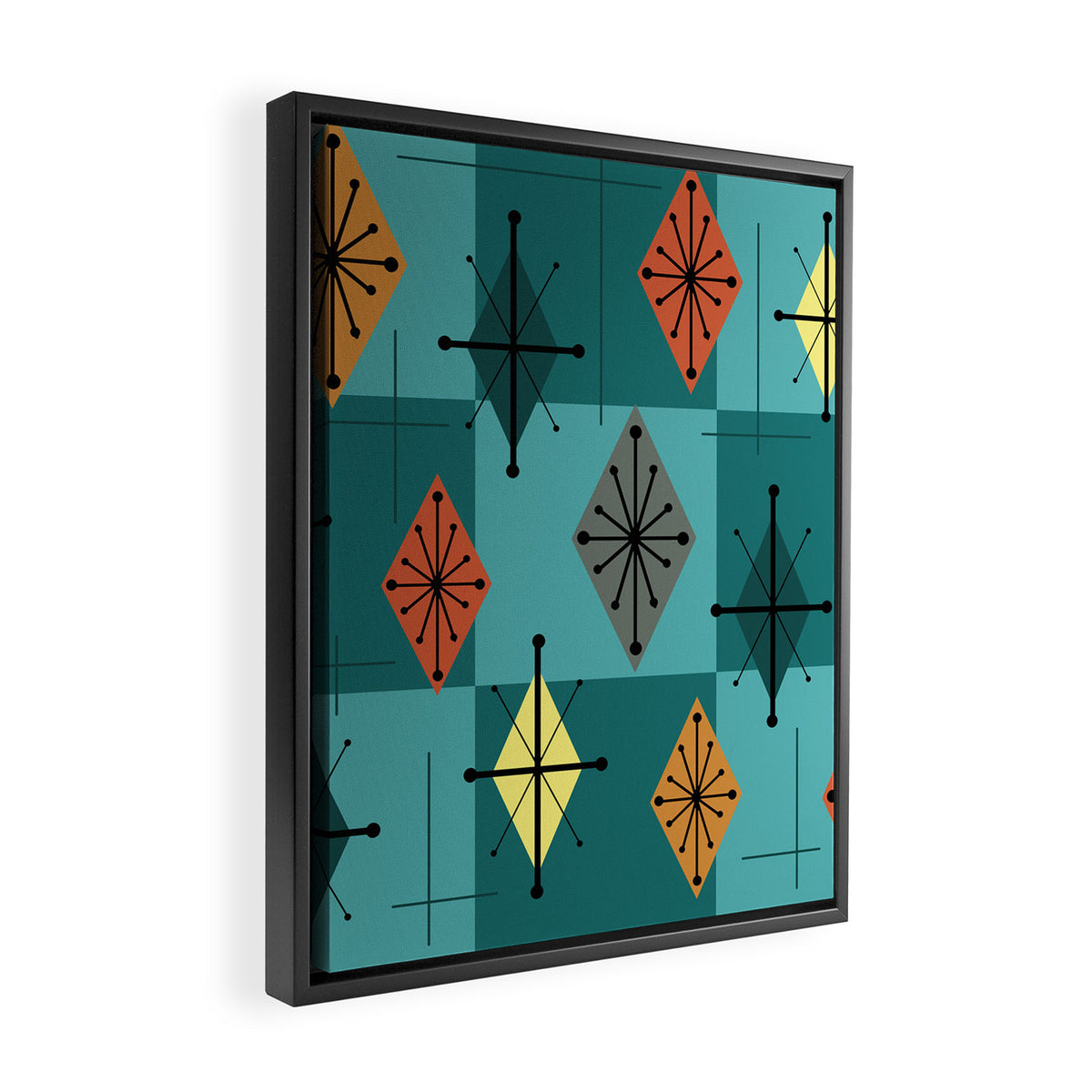 Mid Century Modern Starburst Diamonds Turquise & Teal Framed Canvas Print Gallery Image 2