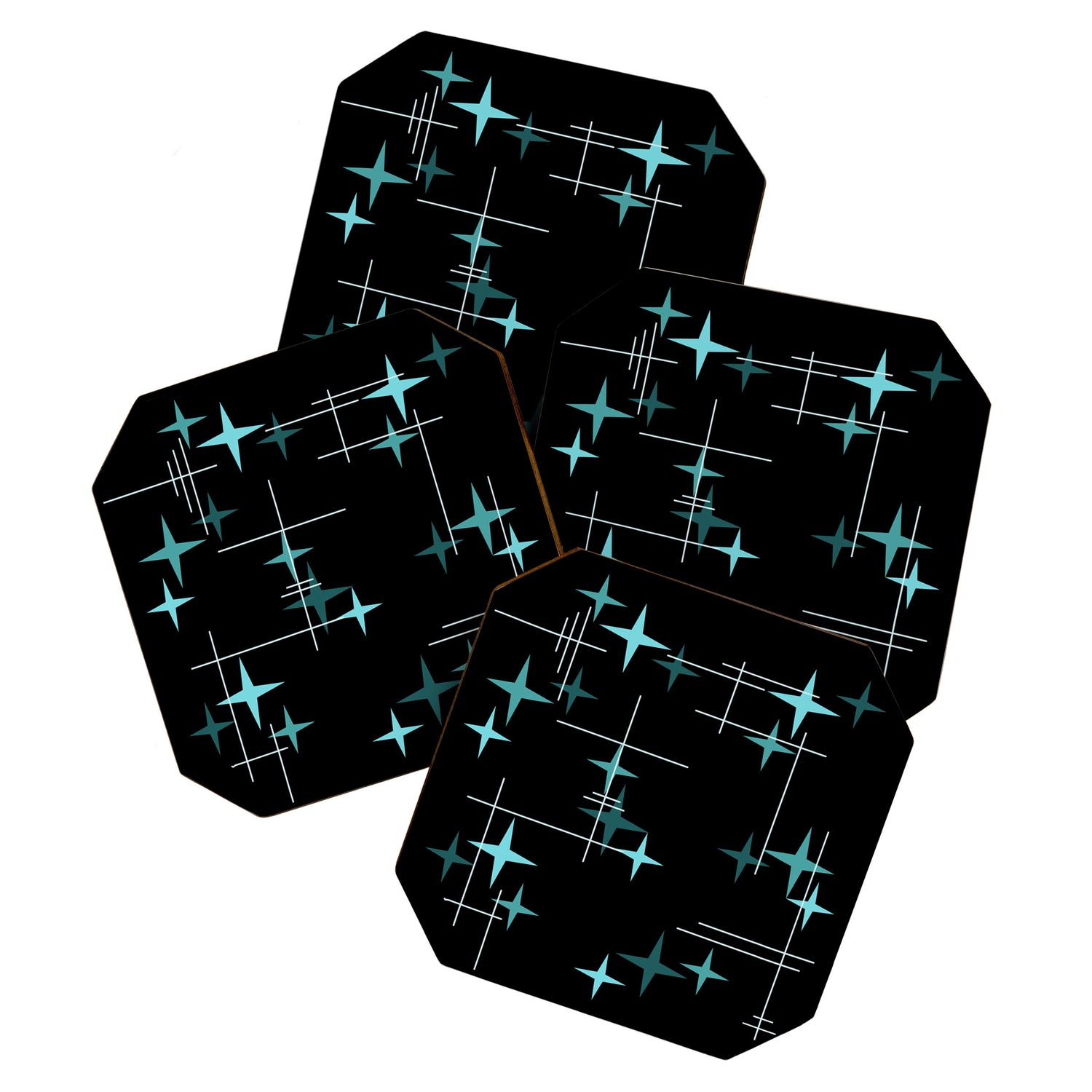 Mid Century Modern Stars Black Teal Coaster Gallery Image 1