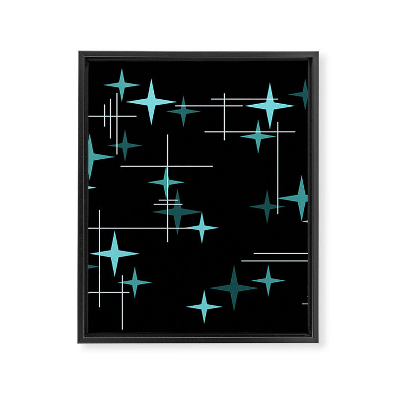 Mid Century Modern Stars Black Teal Framed Canvas Print Gallery Image 8