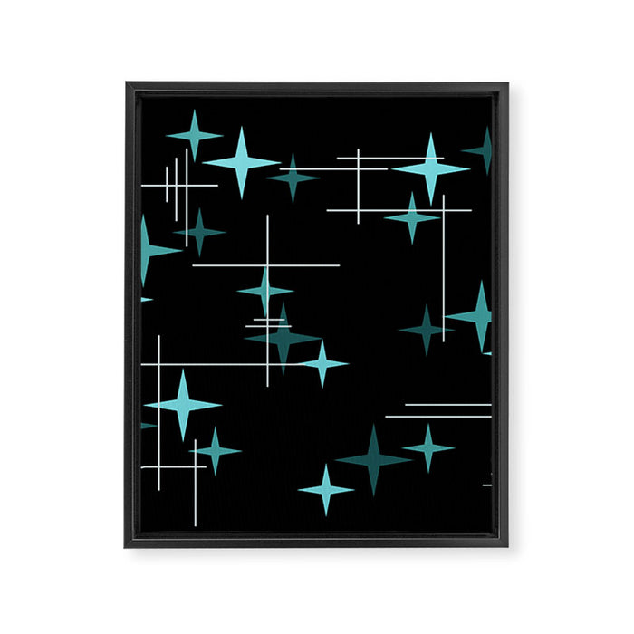 Mid Century Modern Stars Black Teal Framed Canvas Print Gallery Image 1