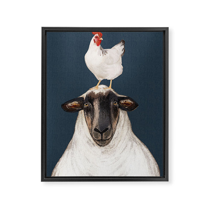 Chicken and Sheep Navy  Framed Canvas Print Gallery Image 1