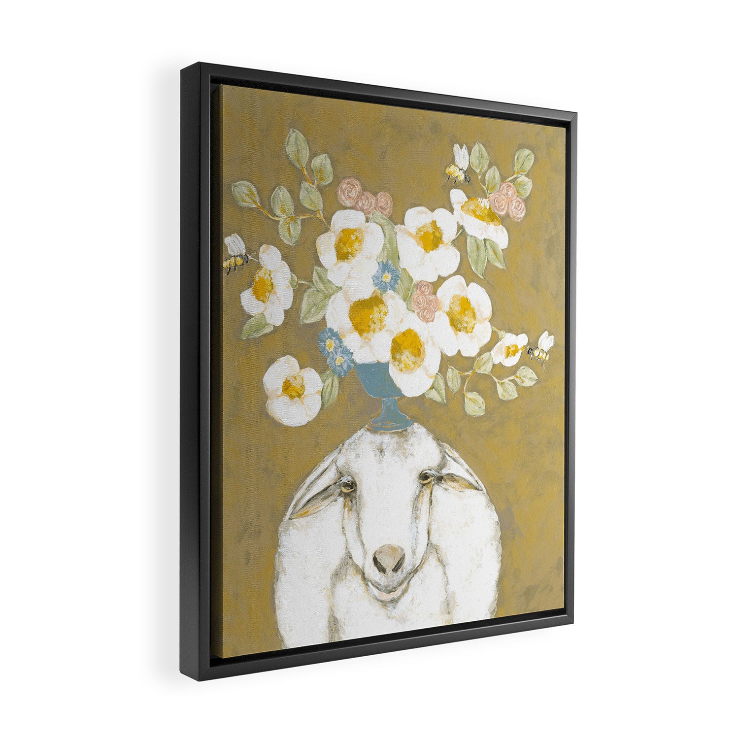 Modern Farmhouse Sheep with Dahlia Flowers Framed Canvas Print Gallery Image 2