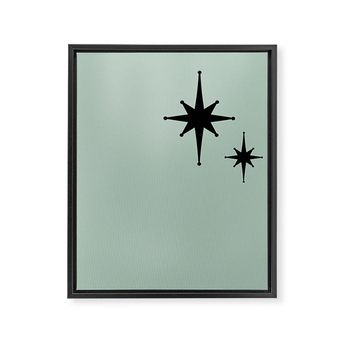 1950s Atomic Age Minimalist Starburst Pair in Black and 50s Celadon Teal Solid Framed Canvas Print Gallery Image 1