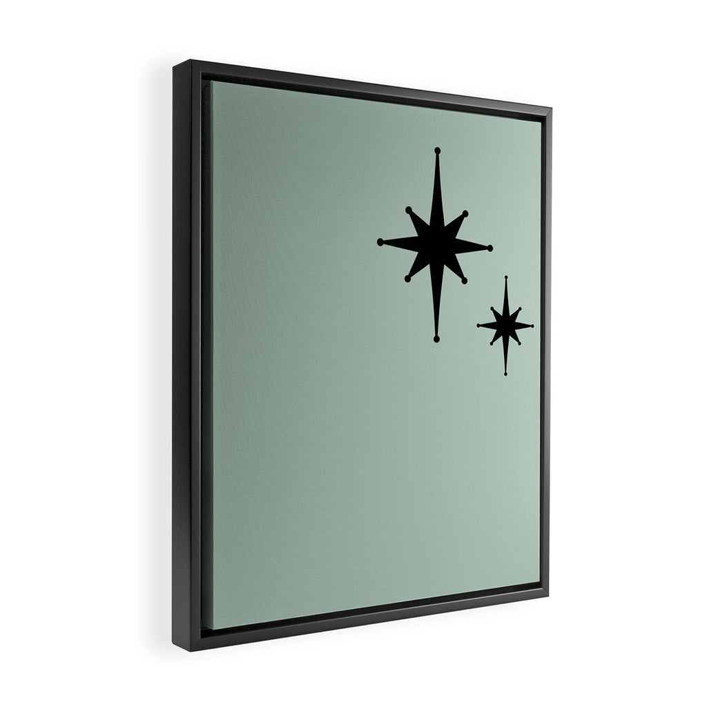1950s Atomic Age Minimalist Starburst Pair in Black and 50s Celadon Teal Solid Framed Canvas Print Gallery Image 2
