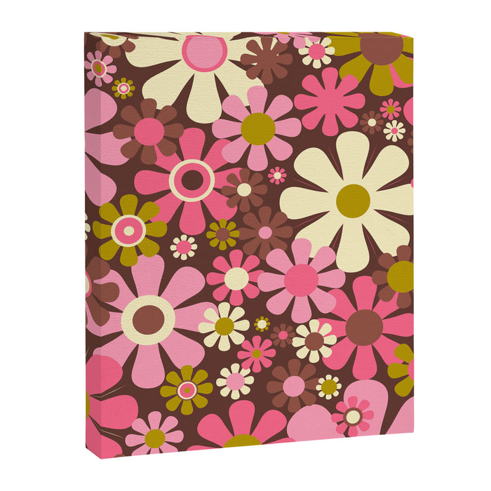 60s 70s Retro Floral Garden Cheerful Flower Pattern in Brown Pink Avocado Canvas Print Gallery Image 1