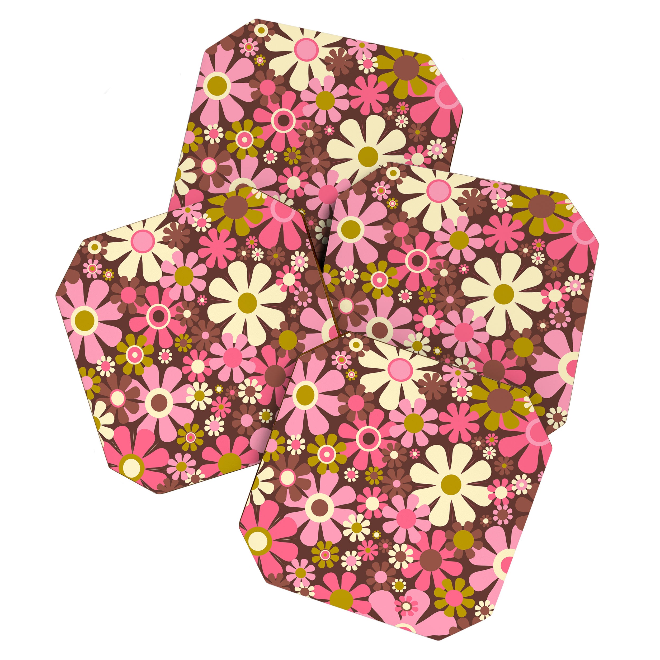 60s 70s Retro Floral Garden Cheerful Flower Pattern in Brown Pink Avocado Coaster Gallery Image 1