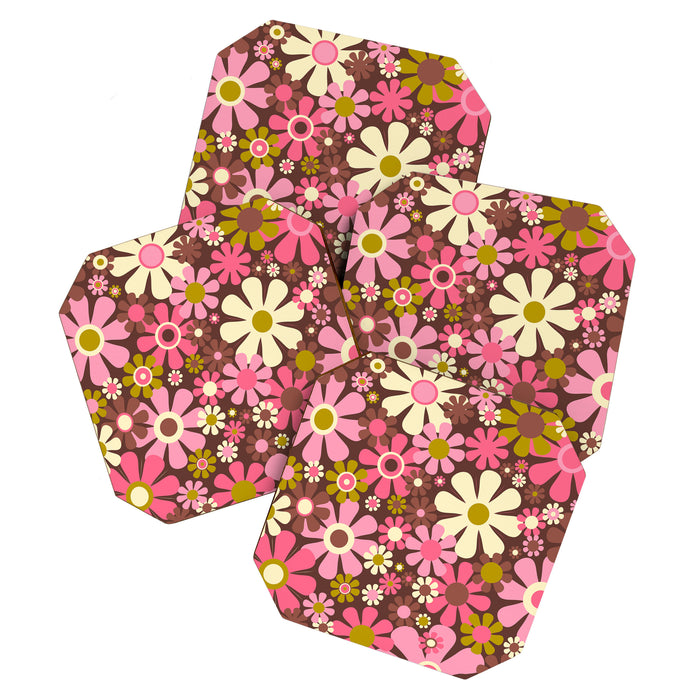 60s 70s Retro Floral Garden Cheerful Flower Pattern in Brown Pink Avocado Coaster Gallery Image 1